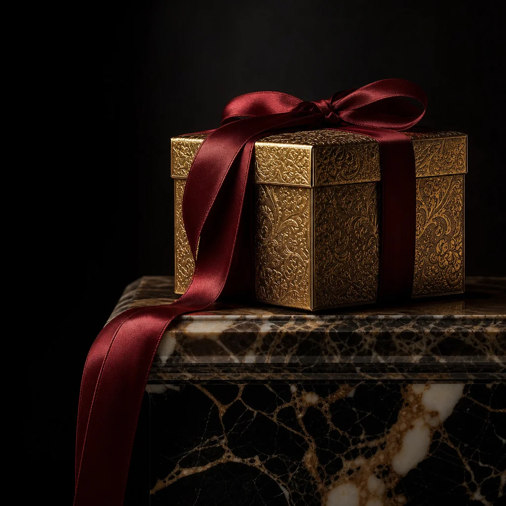 Ornate gold gift box with casino chips and cards